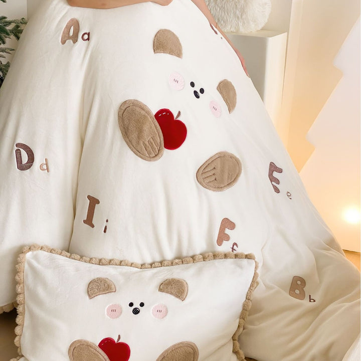 Kids Bedding Set with Plush Puppy, Vichy Check and Pom-Pom Trim