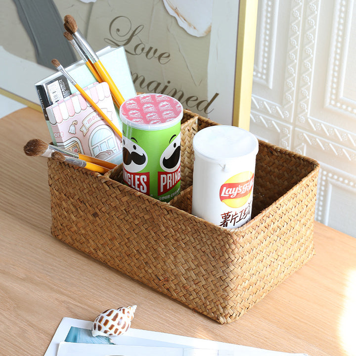 Unisex storage basket with three compartments made of handwoven natural material Kalsten