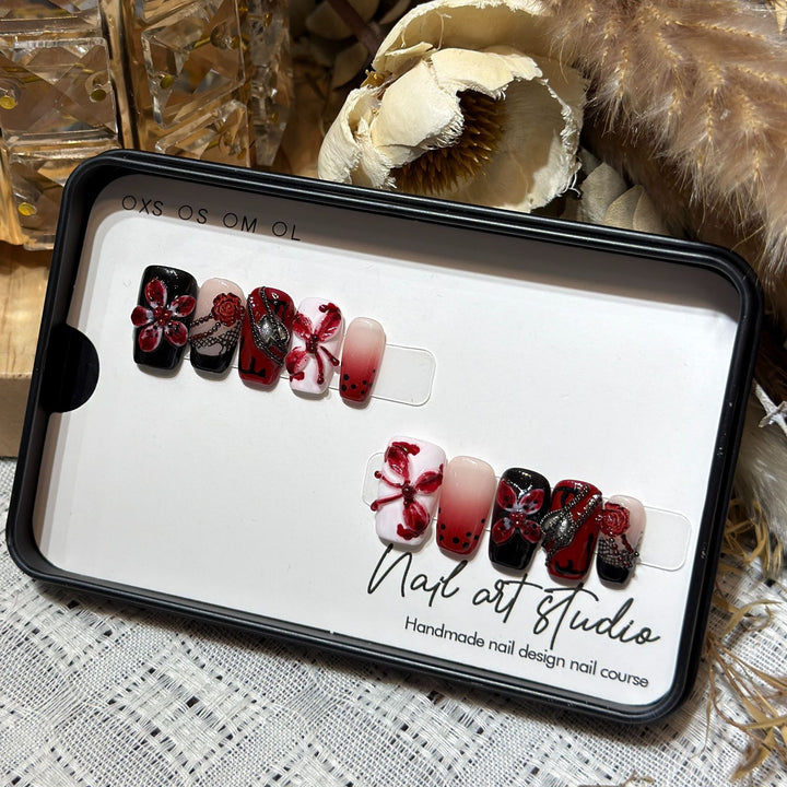 Artistic Nail Decoration Press-On Set with Unique Floral and Gemstone Designs Kalsten