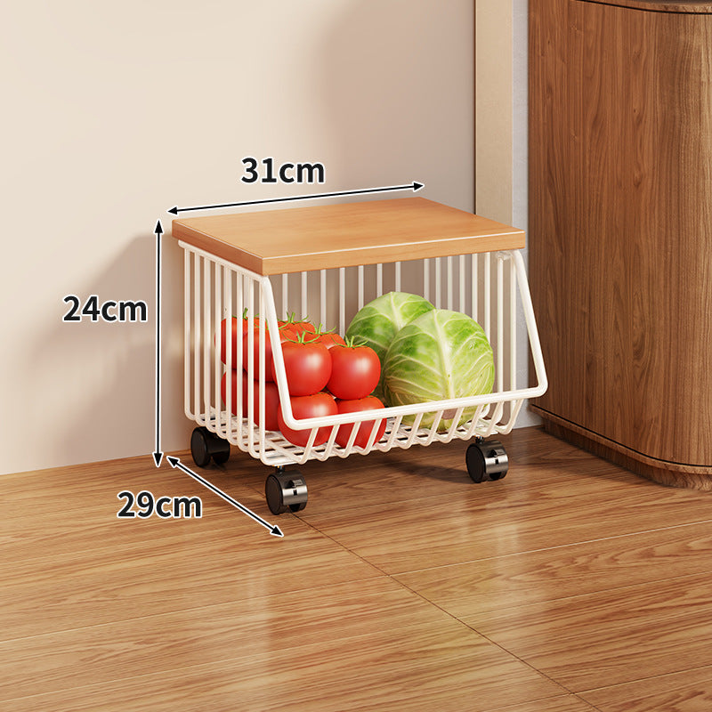 Compact Triple-Tier Rolling Wire Vegetable and Fruit Storage Cart with Wooden Top