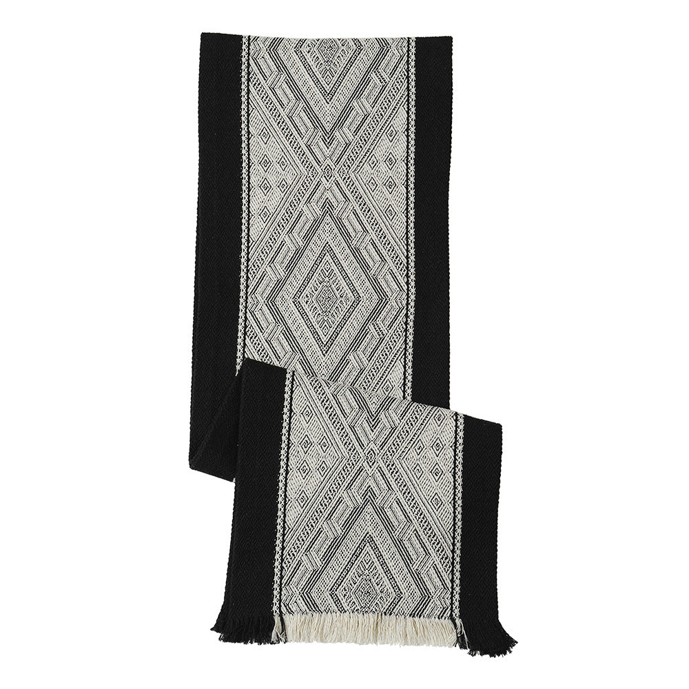 Woven table runner with geometric ethnic ornament and fringes Kalsten