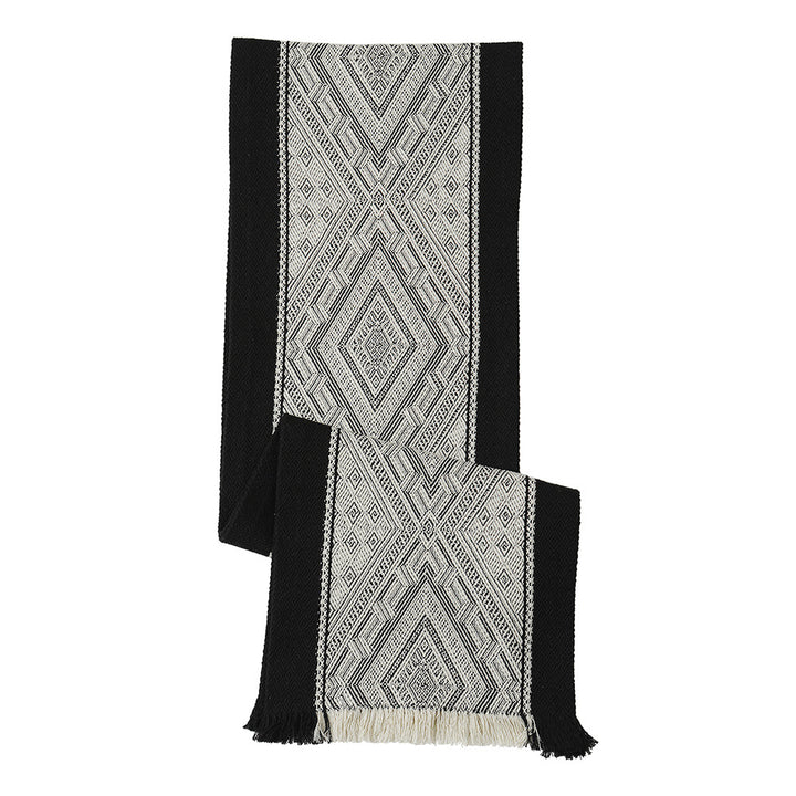 Woven table runner with geometric ethnic ornament and fringes Kalsten