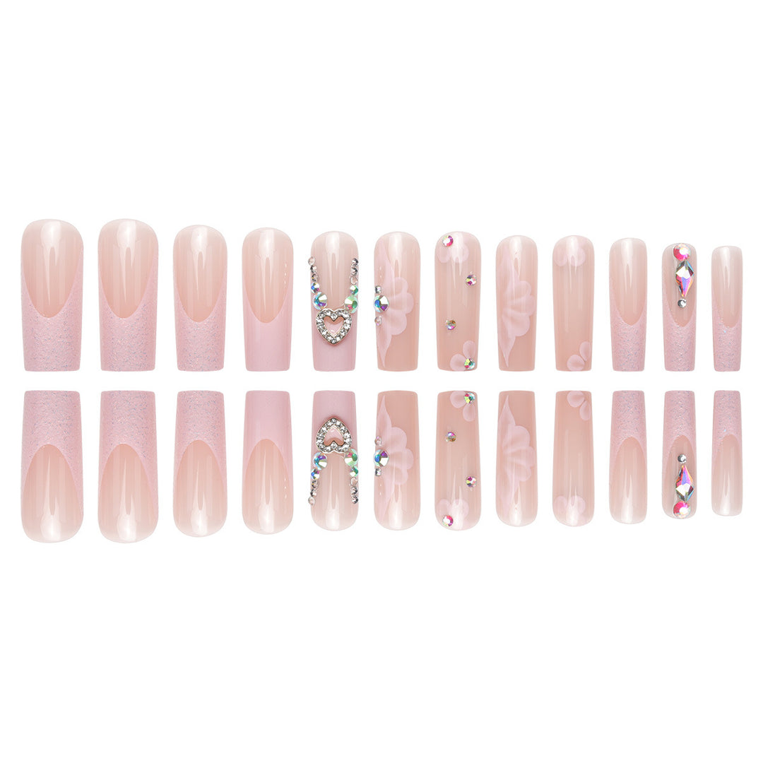 Decorative Long Press-On Nail Set with Floral and Gem Details Kalsten