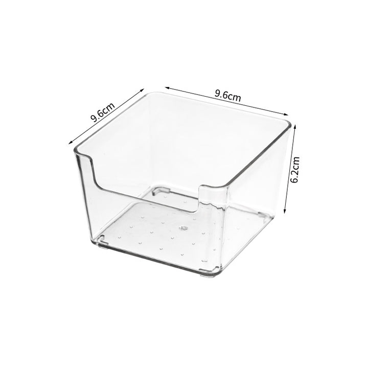 Transparent storage box for refrigerator and cupboard with narrow front opening and anti-slip nubs