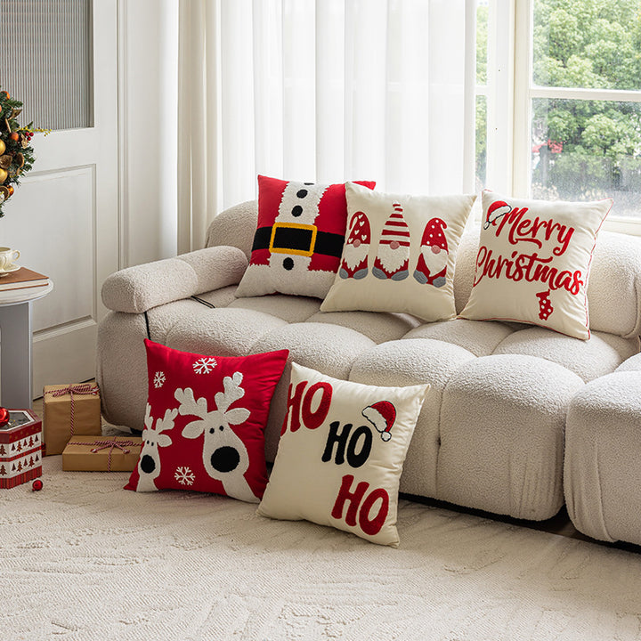 Festive Embroidered Chenille Square Throw Pillow Cover with Hidden Zipper and Piped Edge