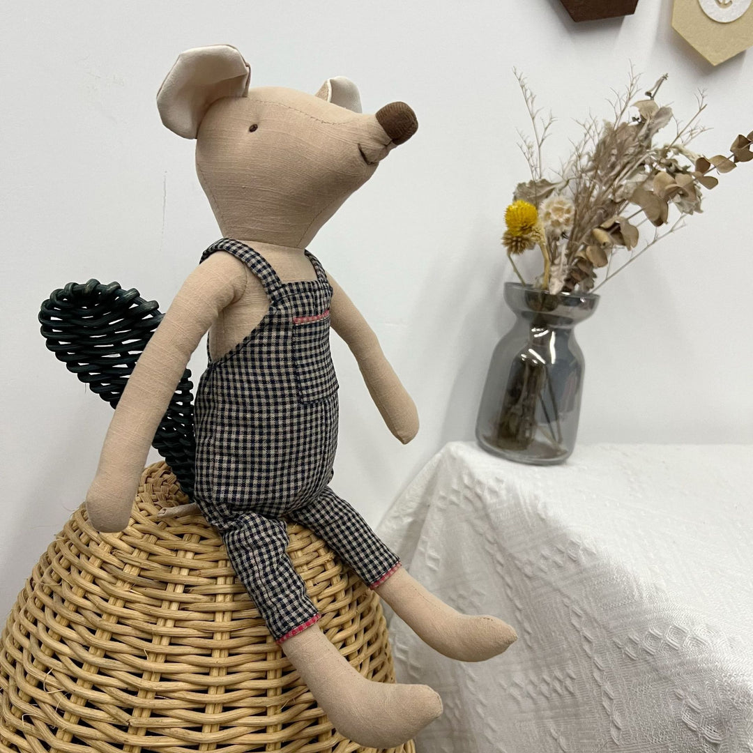 Handmade Linen Long-Leg Bunny Soft Toy with Embroidered Overalls