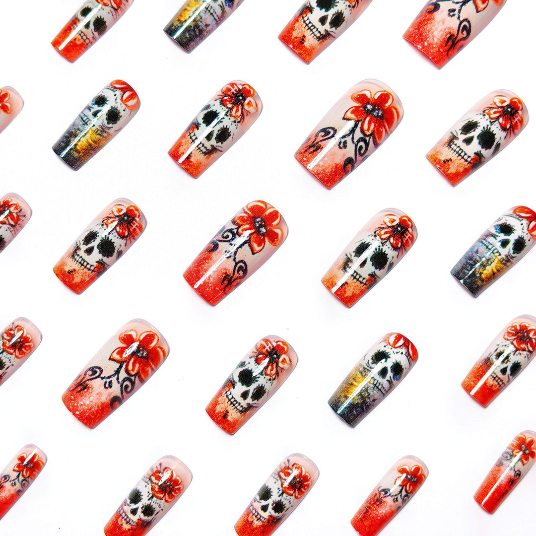 Artistic Skull and Flower Themed Nail Art Kalsten