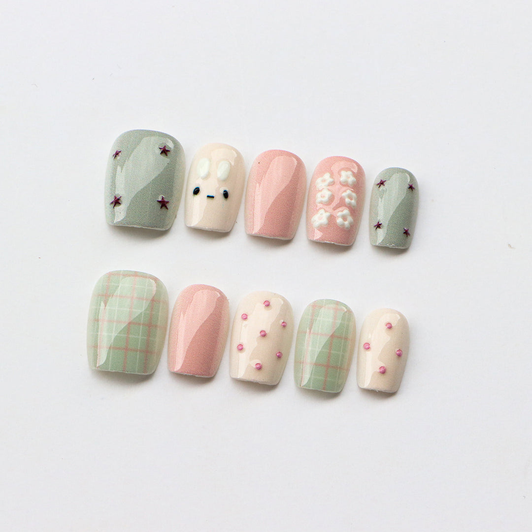 Artistic Press-On Nail Set with Floral and Geometric Designs