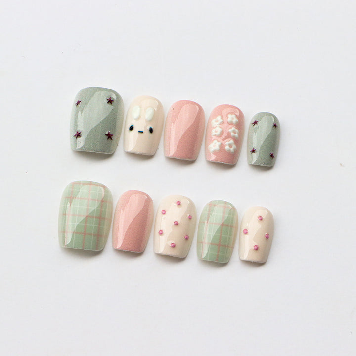 Artistic Press-On Nail Set with Floral and Geometric Designs