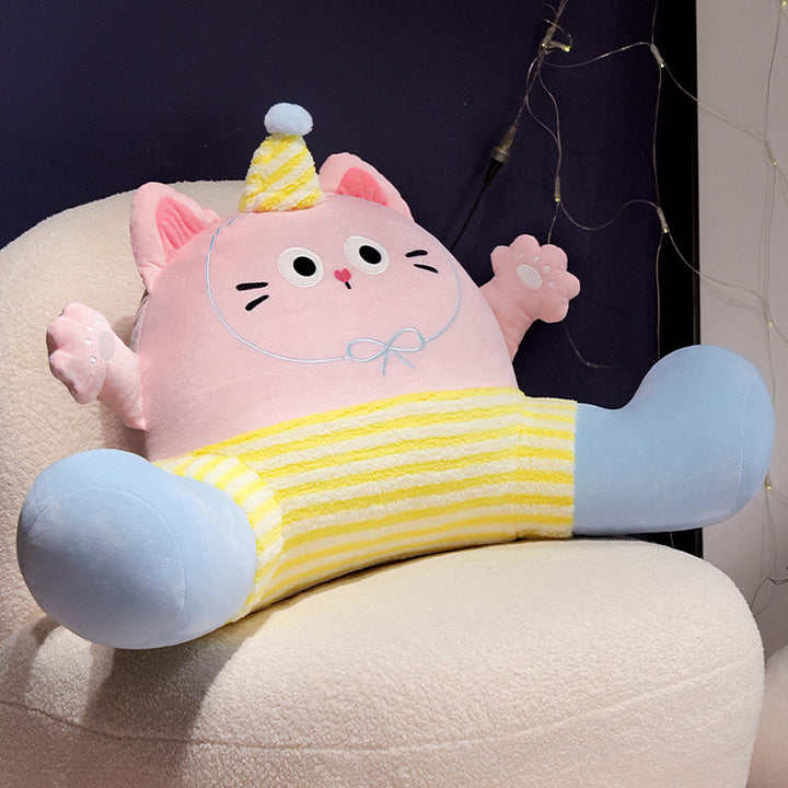 Ergonomic plush back support pillow with stretched legs and party hat cat motif