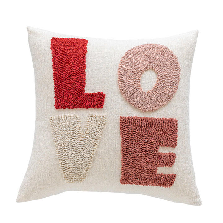Rectangular Tufted Letter Lumbar Throw Pillow with Loop-Pile 'LOVE' Accent