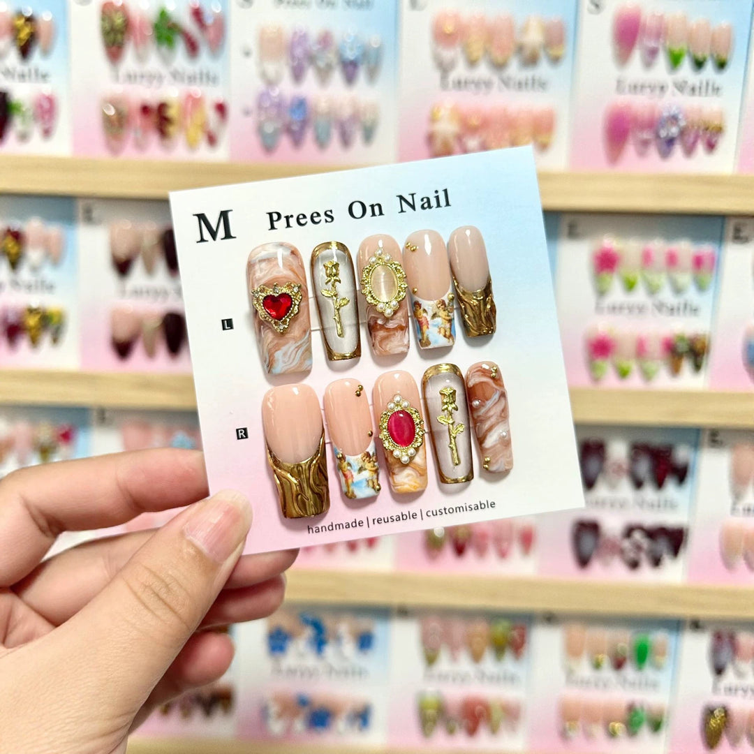 Artistic Press-On Nail Set with Decorative Elements