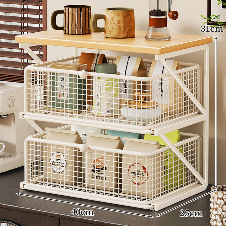 Countertop Coffee Station Organizer with Wooden Top and Metal Wire Basket
