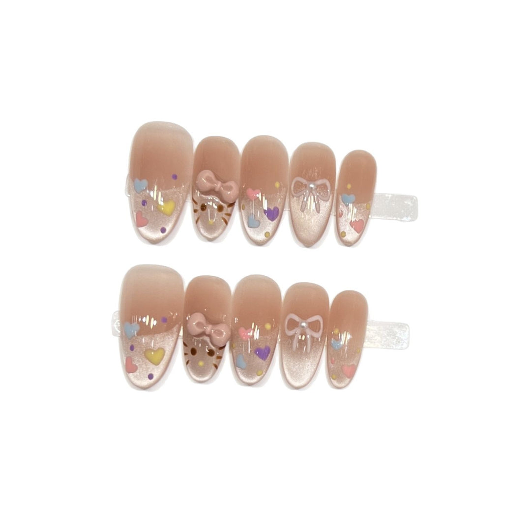 Decorative Press-On Nail Set with Colorful Heart and Bow Designs Kalsten