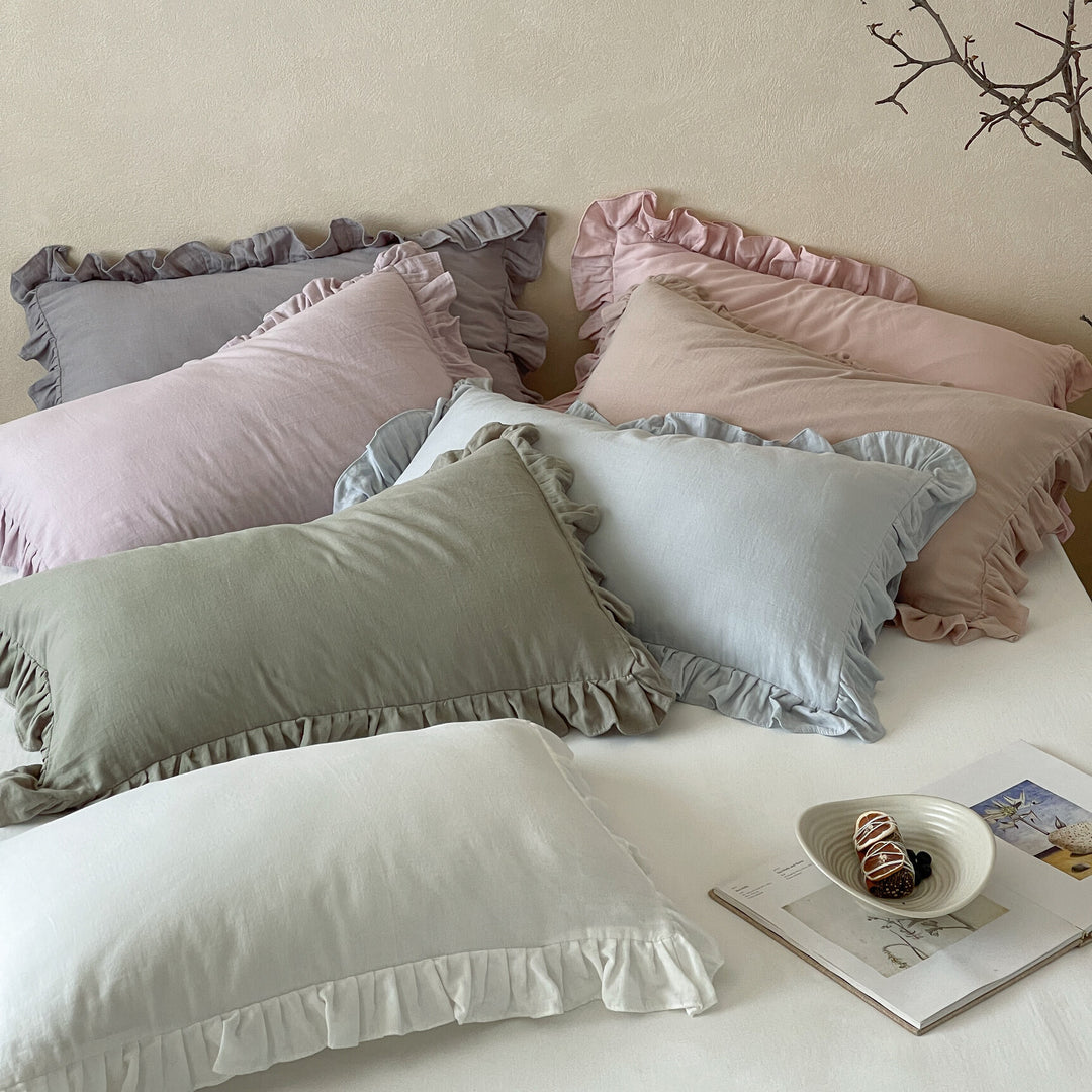 Ruffled Linen Pillowcase Set with Soft Washed Linen Texture