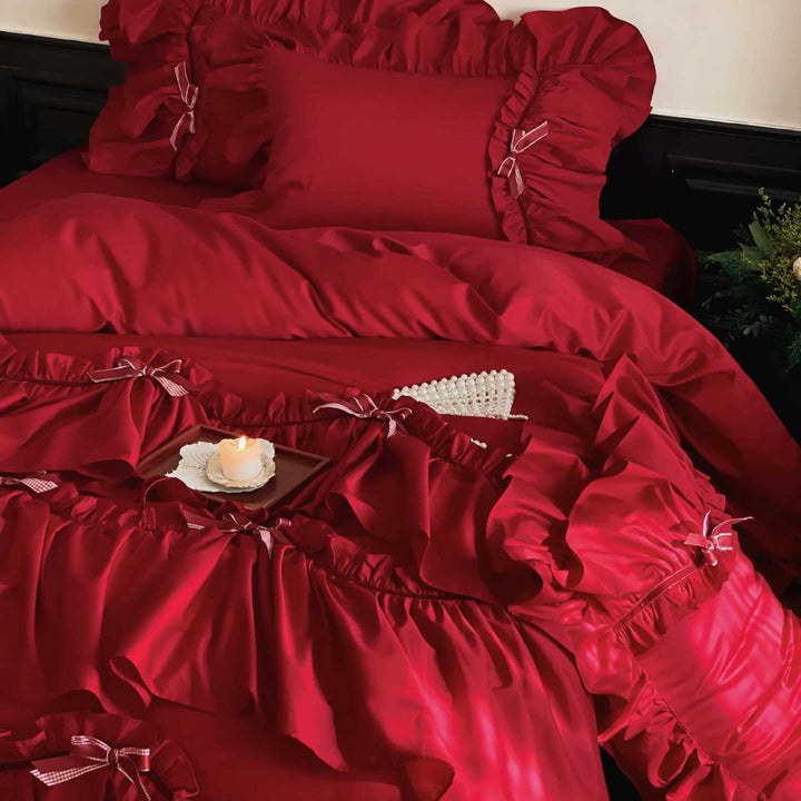 Luxurious Ruffle Satin Bedding Set with Ruffles and Decorative Ribbons