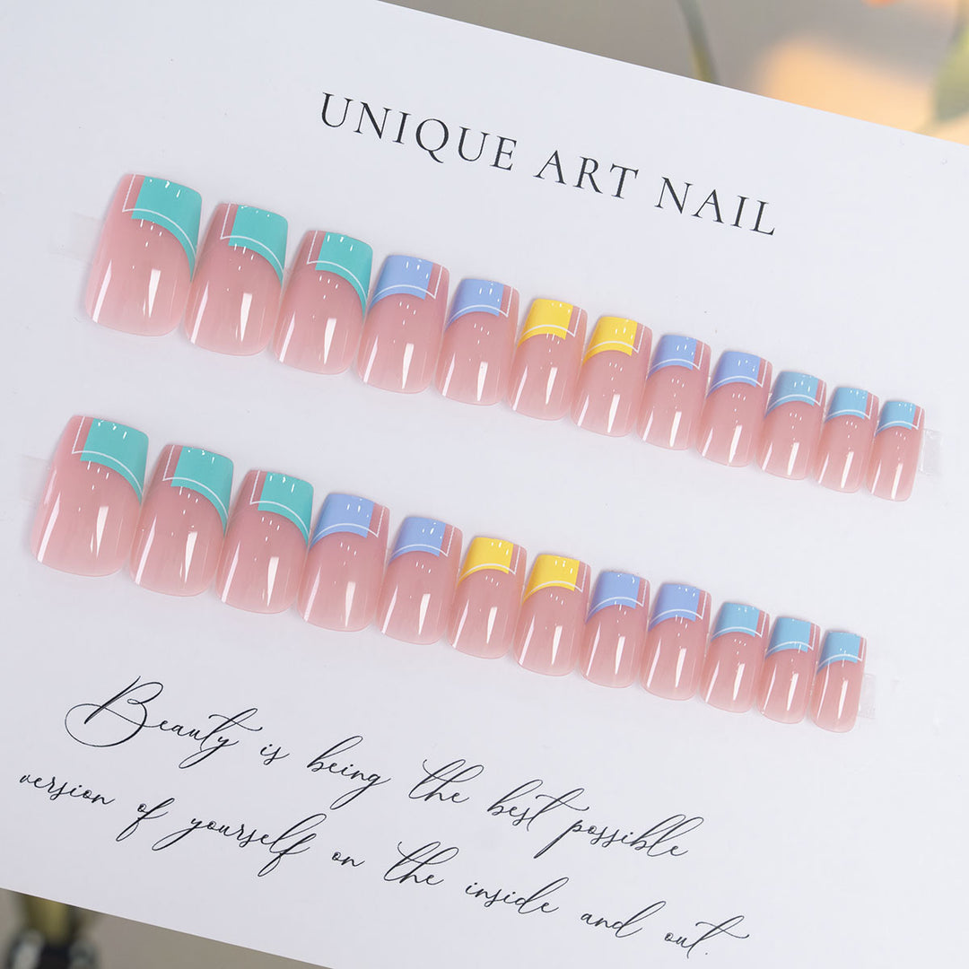 Artistic Press-On Nail Set with Unique Geometric Designs