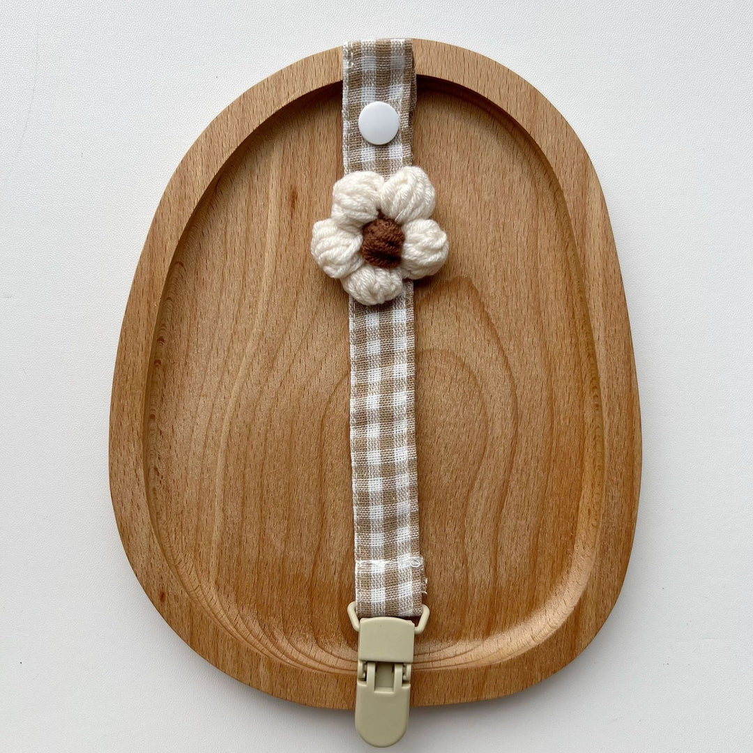 Gingham Linen-Style Crochet Flower Pacifier and Teether Clip