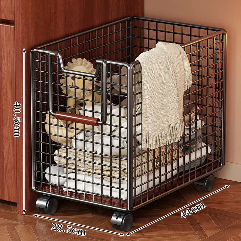 Mobile Ventilated Metal Mesh Storage Basket with Wooden Handle and Swivel Wheels