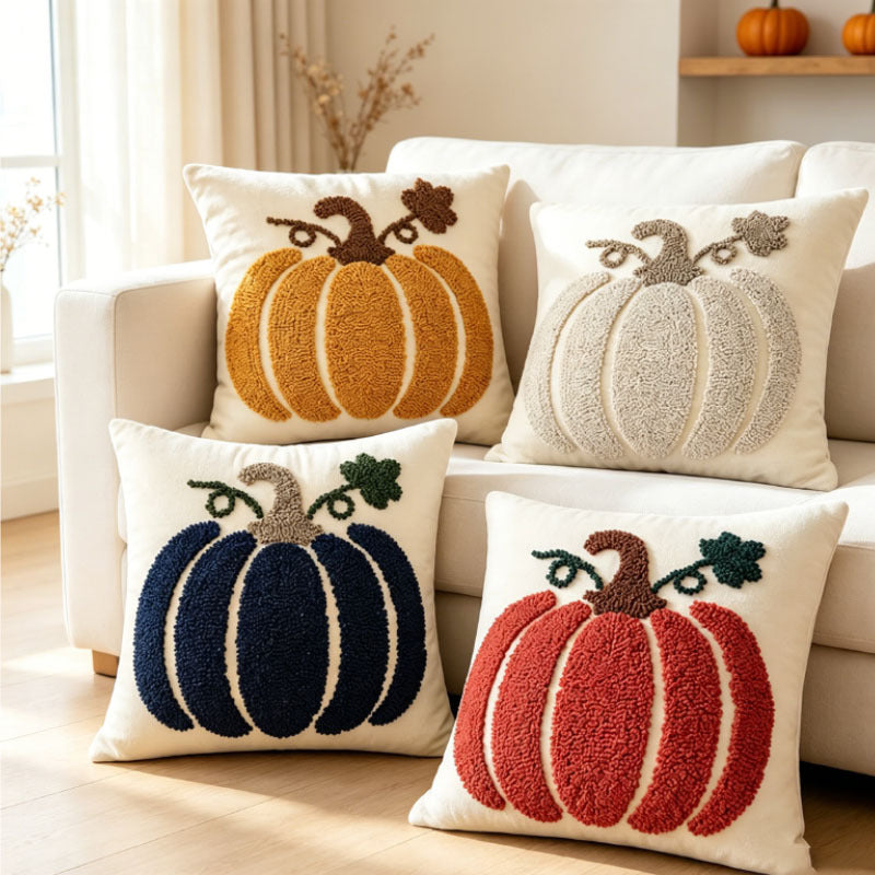 Seasonal Tufted Pumpkin Accent Pillow Cover with Chenille Loop Embroidery