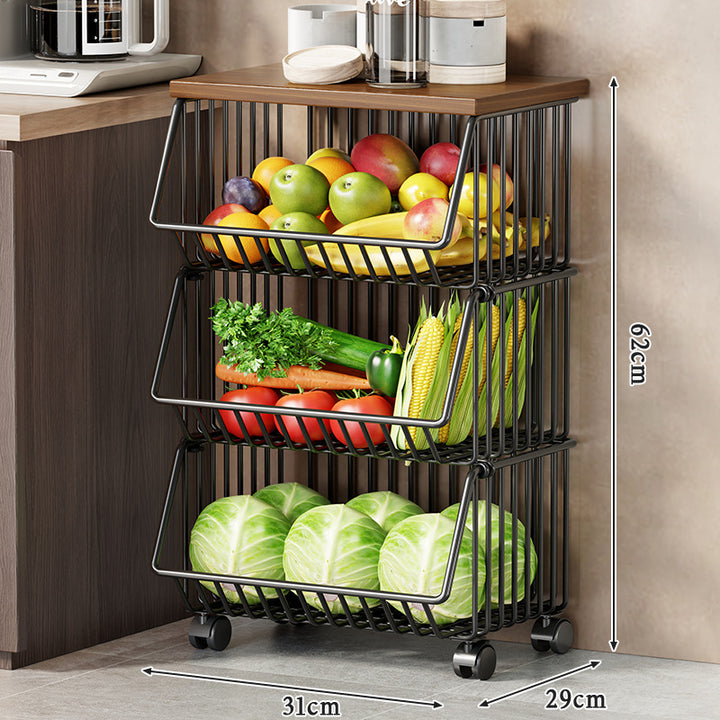 Multi-Tier Rolling Kitchen Pantry Cart with Wood Top and Deep Wire Storage Baskets