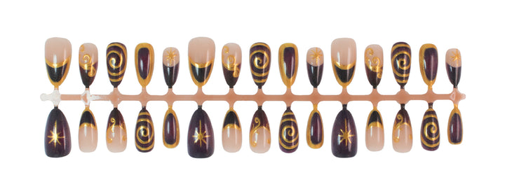 Acrylic nail set with elegant spiral patterns and glamorous golden accents Kalsten