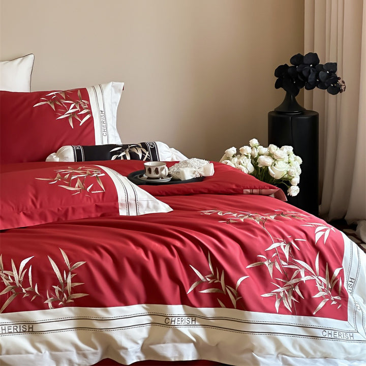 Duvet cover set made of cotton satin with embroidered bamboo motif, fine border & decorative roll cover
