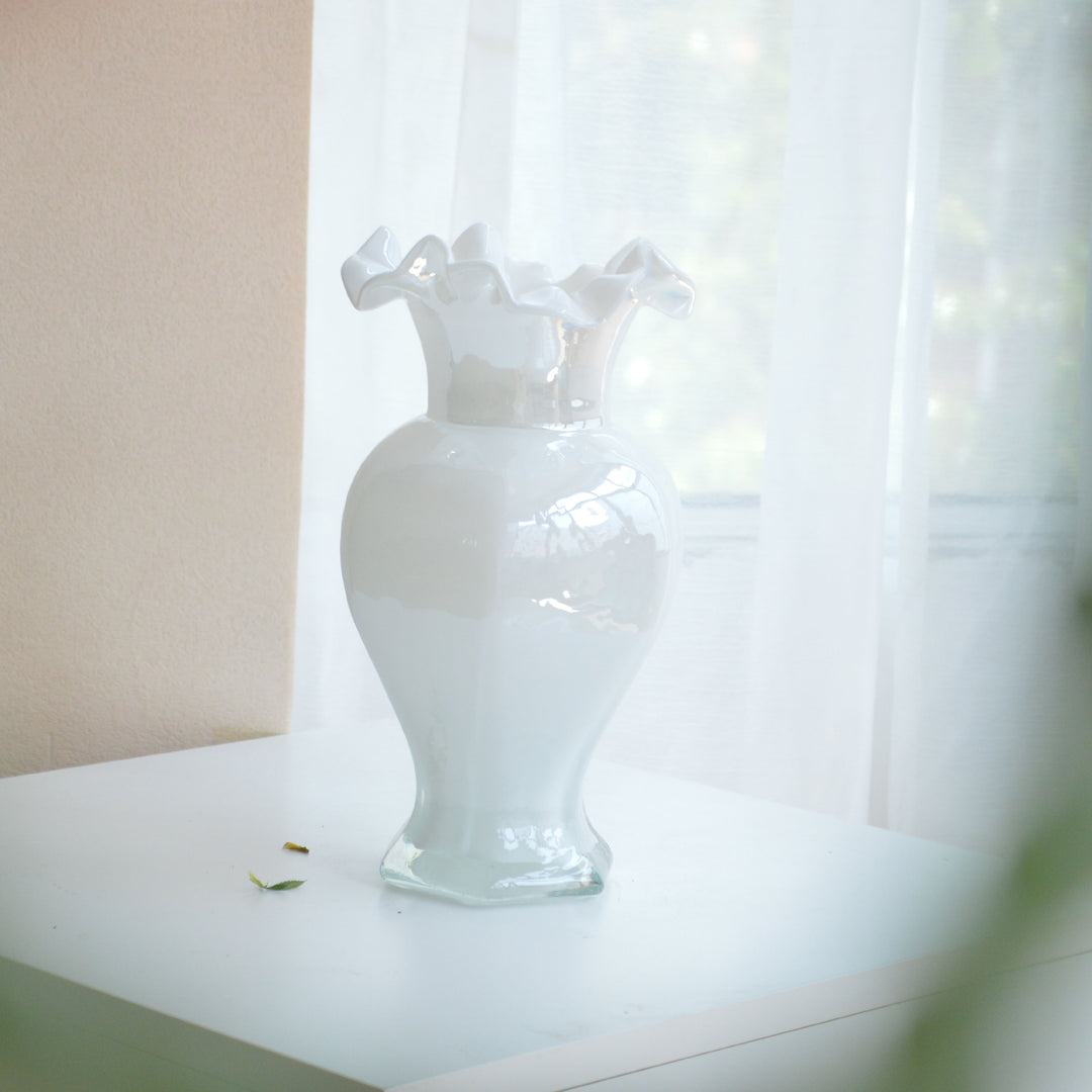 Hand-Blown Ruffled-Rim Art Glass Vase with Ombre Pink Ivory Finish Kalsten