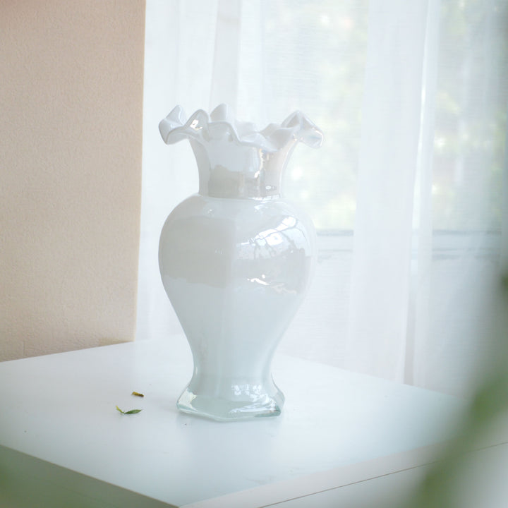 Hand-Blown Ruffled-Rim Art Glass Vase with Ombre Pink Ivory Finish Kalsten