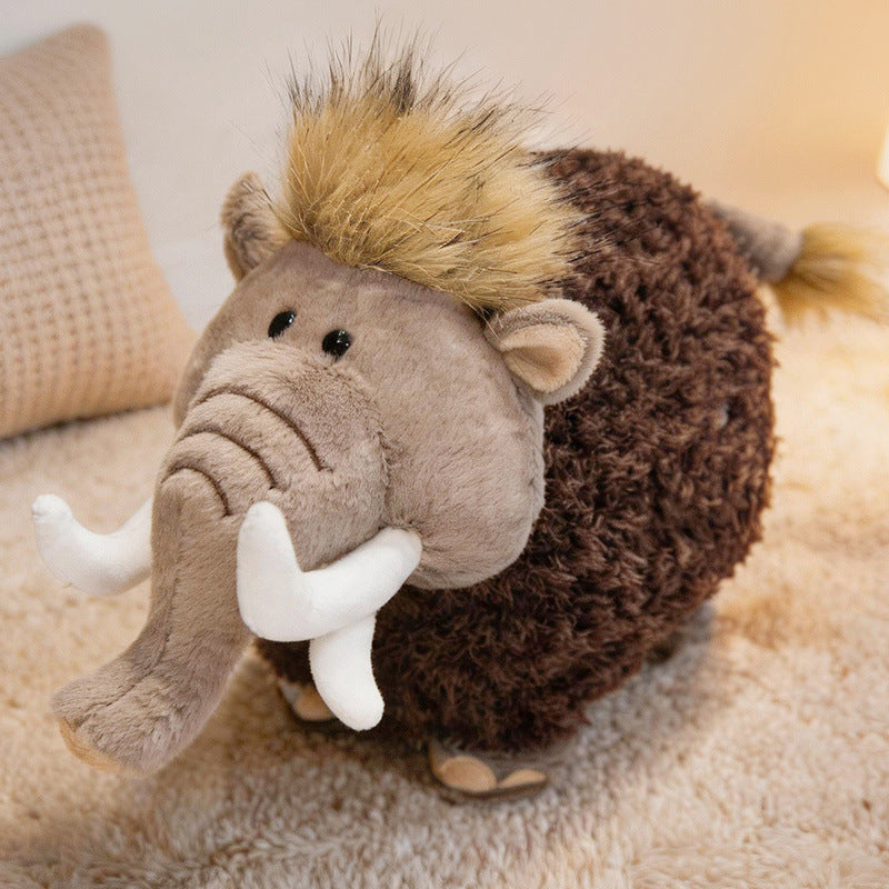 Round Woolly Mammoth Plush Cushion Toy with Curly Faux-Fur & Soft Trunk Kalsten
