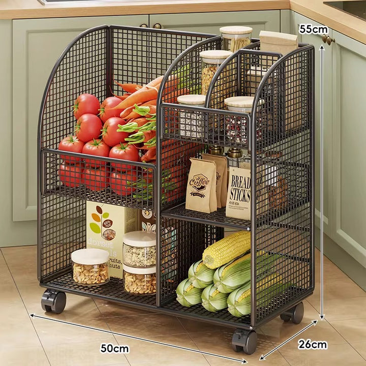 Modular Ventilated Mesh Pantry Trolley with Divided Shelves and Smooth Locking Casters
