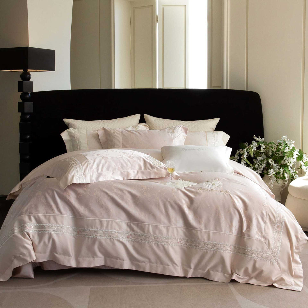 Luxurious satin bedding set with intricate embroidery