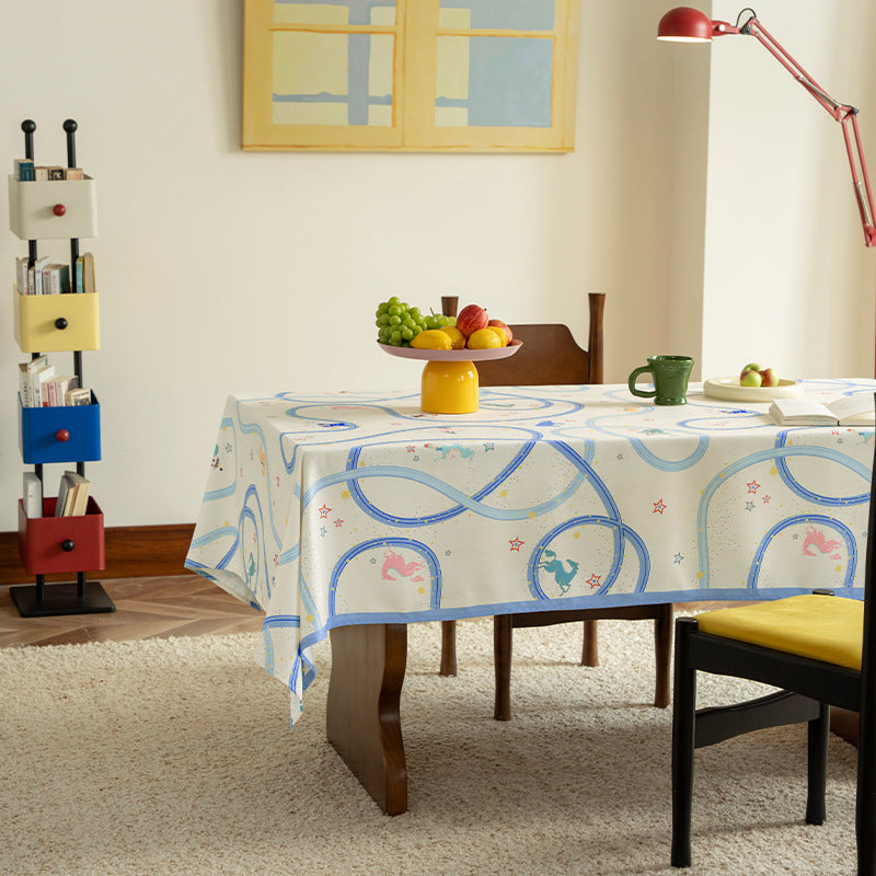 Rectangular cotton blend tablecloth with playful stripe and animal print