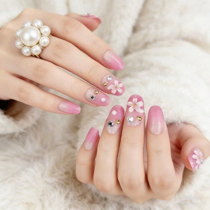 Artificial nails with elegant flower and rhinestone design Kalsten