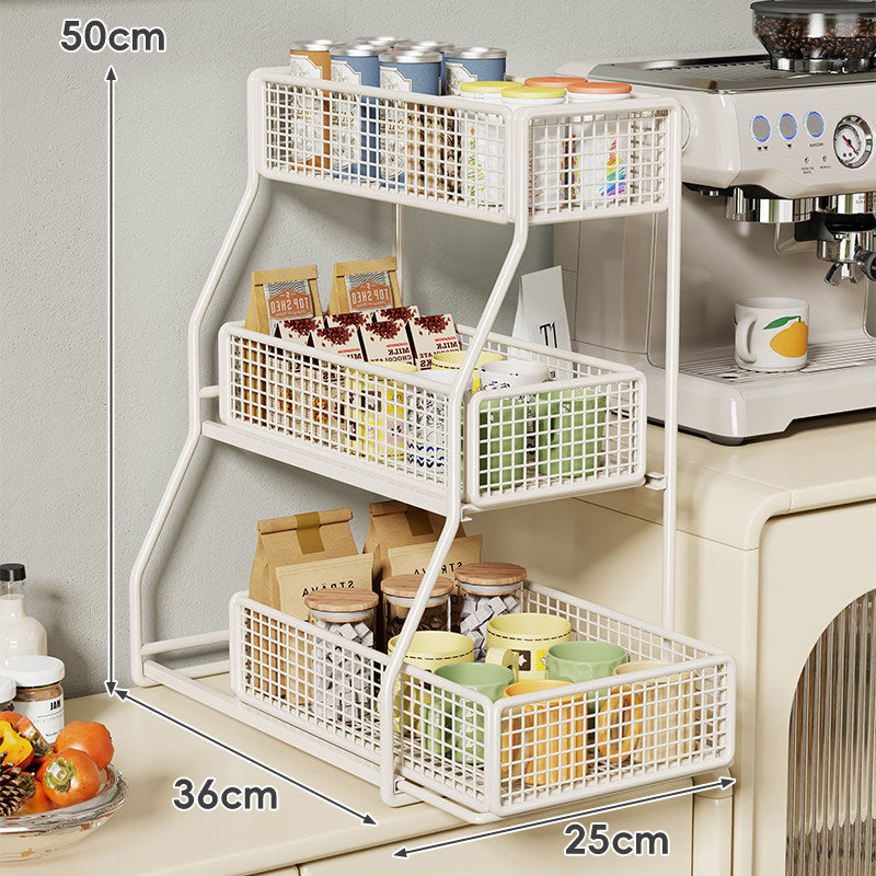 Three-Tier Angled Metal Mesh Countertop Pantry Organizer with Stackable Wire Baskets