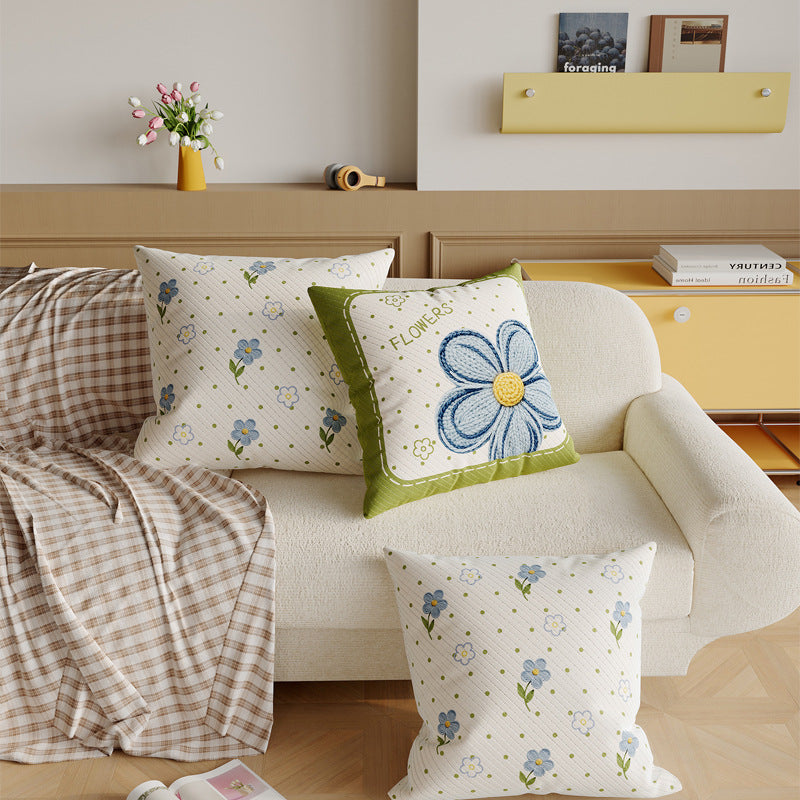 Decorative Embroidered Floral Cotton-Linen Throw Pillow Cover with Diagonal Rib Texture
