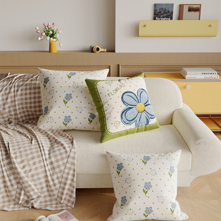 Decorative Embroidered Floral Cotton-Linen Throw Pillow Cover with Diagonal Rib Texture