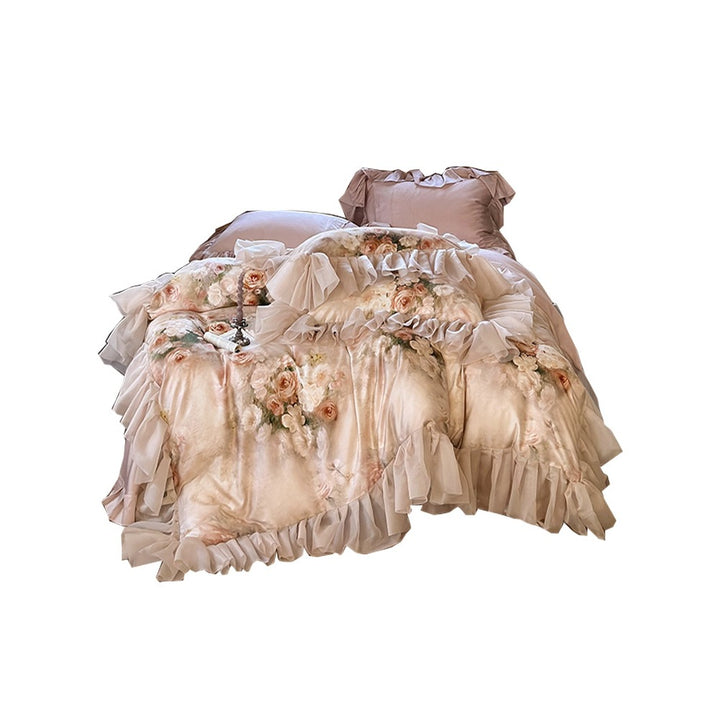 Romantic ruffled bedding set made of fine cotton satin with watercolor flower print & ruffled bed skirt