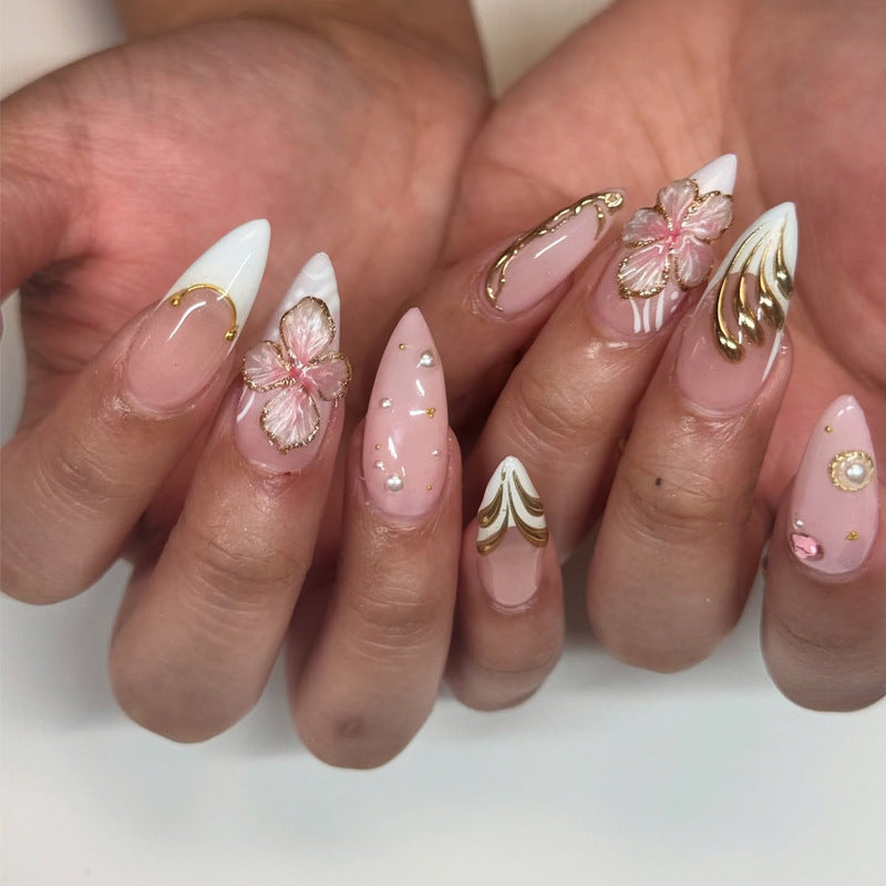 Artistic Stiletto Press-On Nail Set with Floral and Gold Accents Kalsten