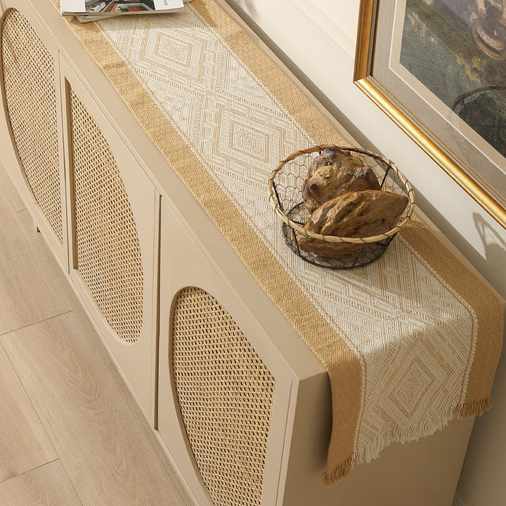 Woven table runner with geometric ethnic ornament and fringes Kalsten