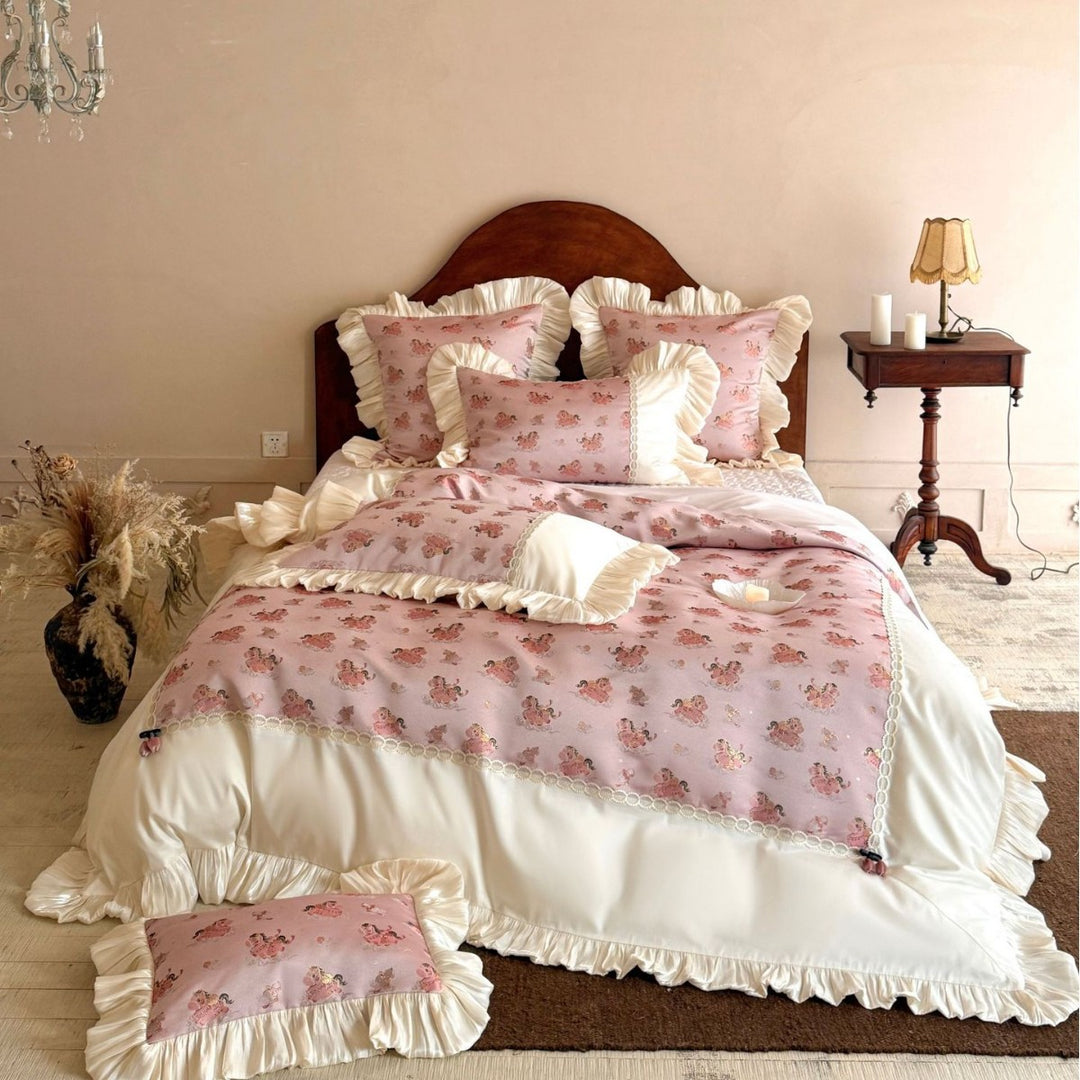 Romantic bed linen set with ruffles, lace border, and vintage print
