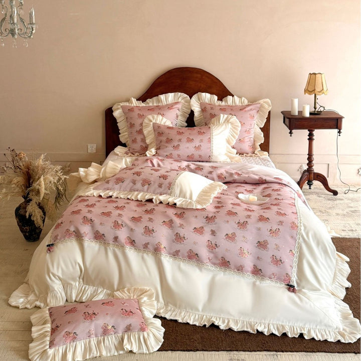 Romantic bed linen set with ruffles, lace border, and vintage print