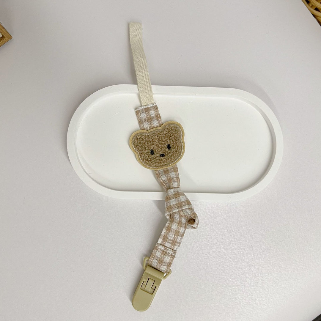 Gingham Cotton Pacifier and Teether Clip with Embroidered Bear Applique