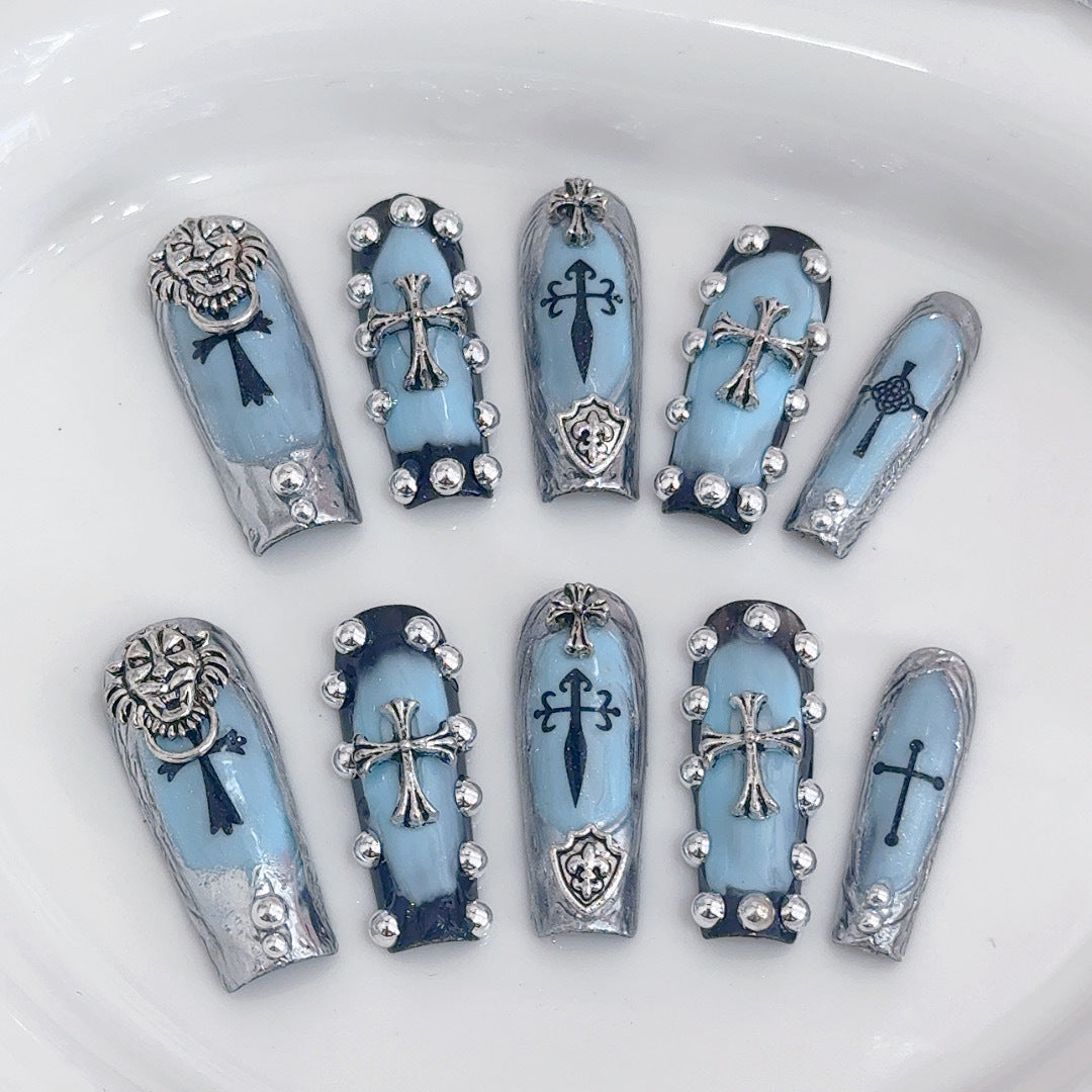 Decorative 3D Press-On Nail Set with Gothic Elements