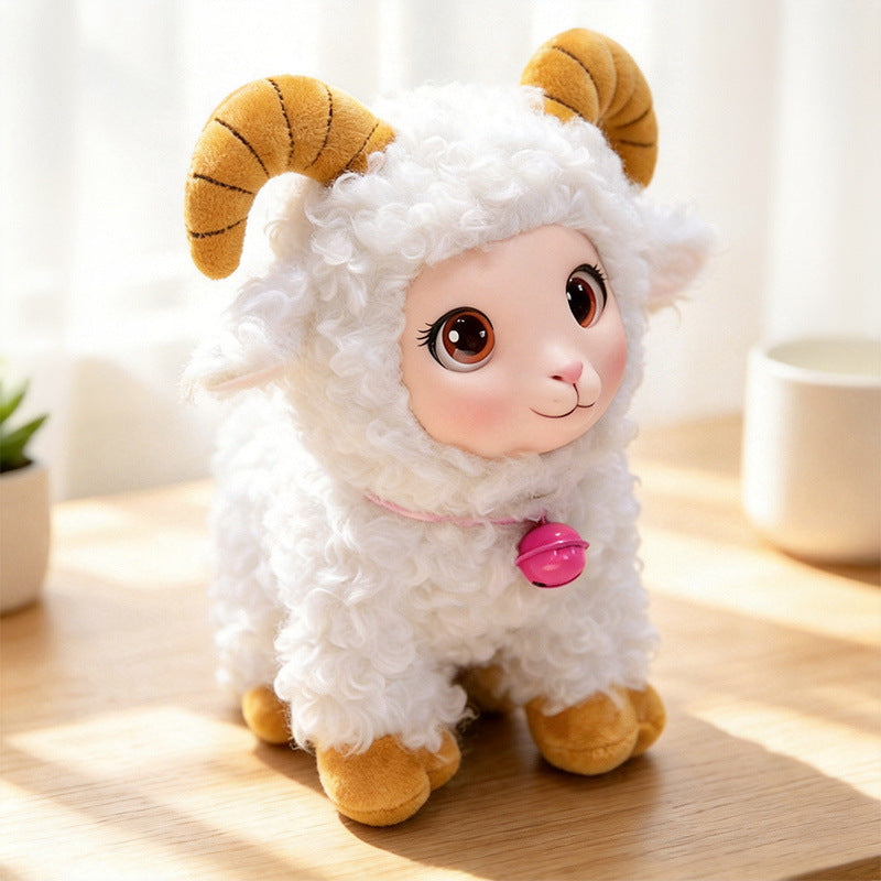 Plush Ram Keychain Charm with Curly Faux-Fur, Sculpted Face, Bell Necklace and Metal Ring Kalsten