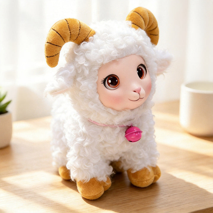 Plush Ram Keychain Charm with Curly Faux-Fur, Sculpted Face, Bell Necklace and Metal Ring Kalsten