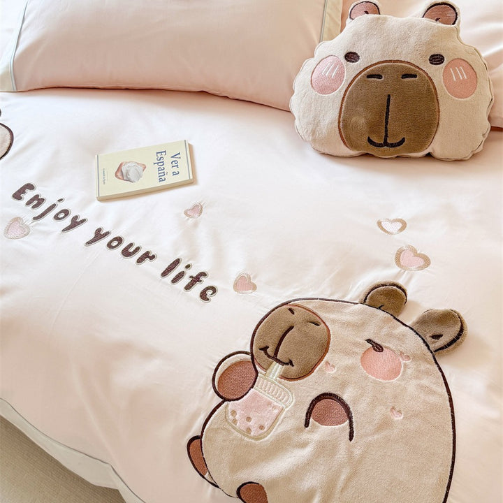 Kawaii bedding set with appliquéd plush bears and breathable cotton satin