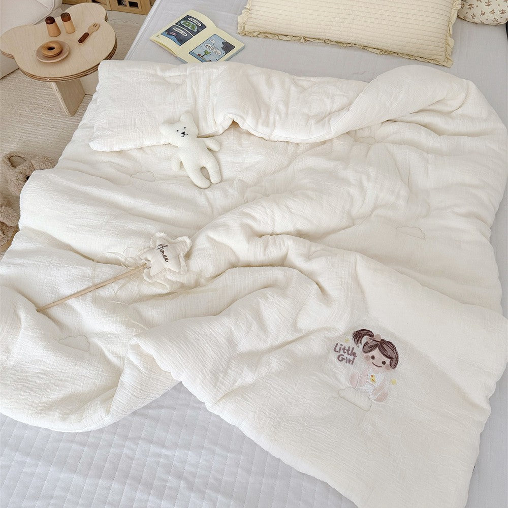 Baby cotton muslin cuddle blanket with embroidered girl motif