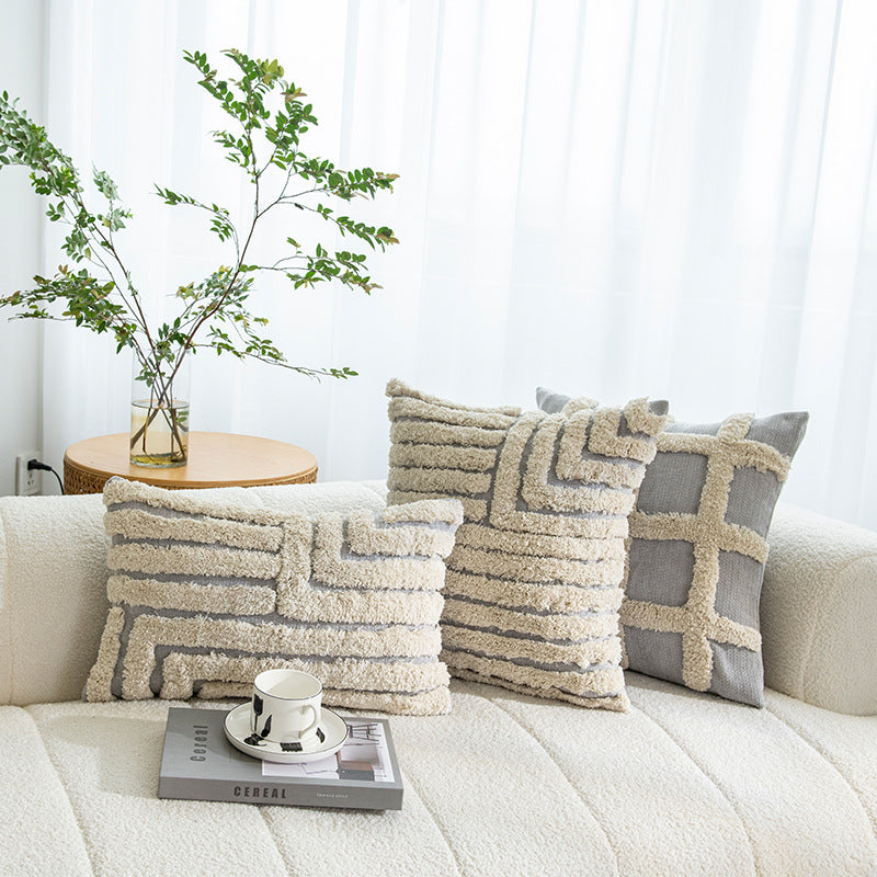 Square Textured Grid Tufted Decorative Throw Pillow Cover with Shaggy Raised Lattice
