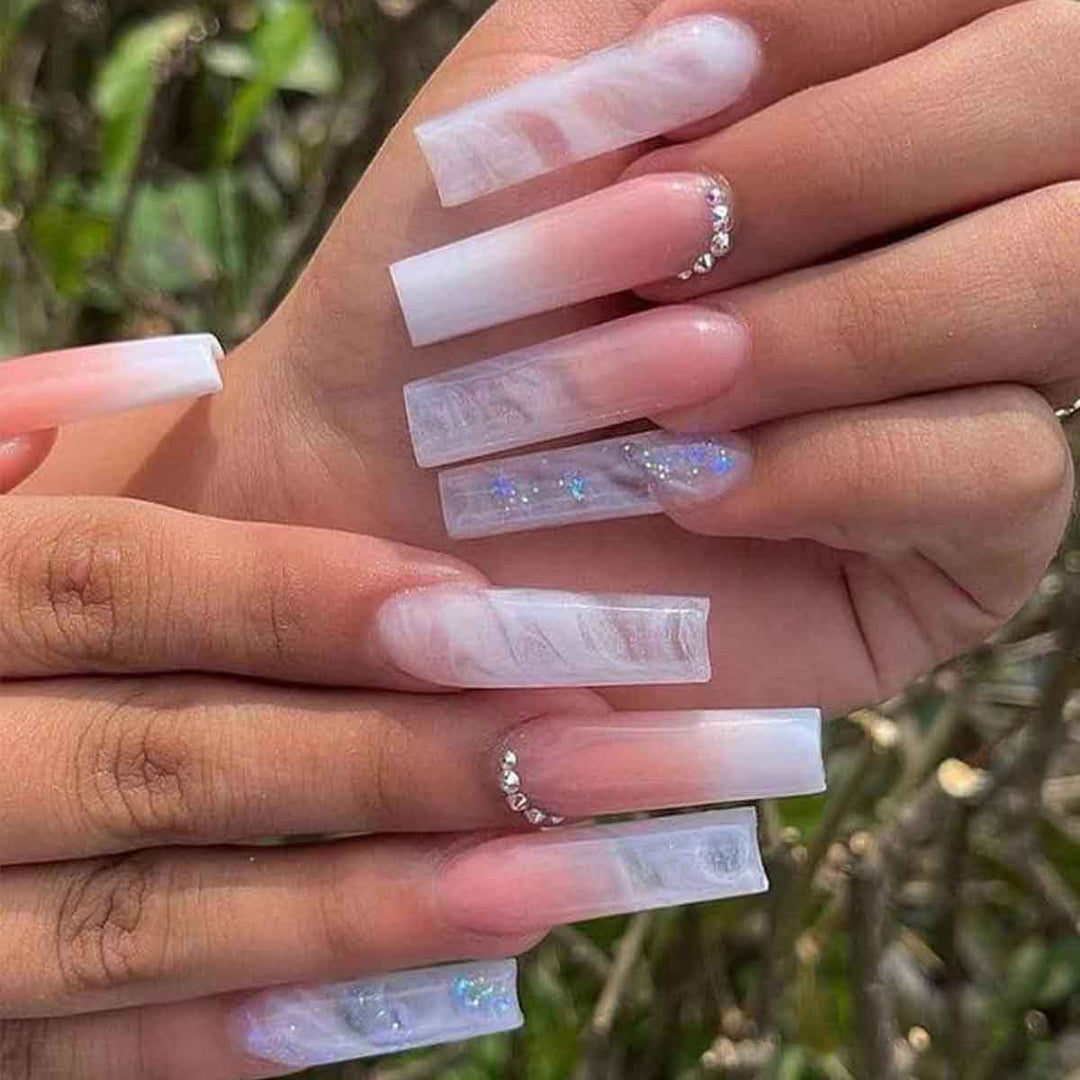 Glossy Long Square Press-On Nails with Glitter Accents Kalsten
